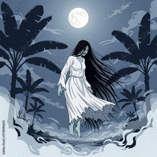 Kuntilanak Under Moonlight Vector. Spooky Asian spirit illustration with long black hair. Flat horror aesthetic, soft gradients, and banana tree background. Great for cultural horror design.