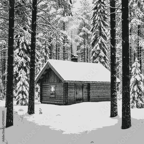 Cozy cabin in the snowy woods, black and white winter landscape with a wooden house in a forest covered in snow