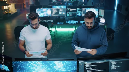 Top-down video of two focused male colleagues, one in white t-shirt, one in blue hoodie, intensely problem-solving in a dark, futuristic tech office with glowing monitors and RGB light. Neo-noir