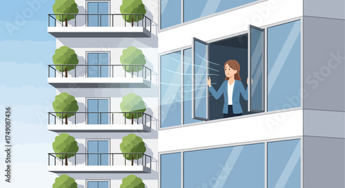 Illustration of a woman opening a window in a modern apartment building to let fresh air in