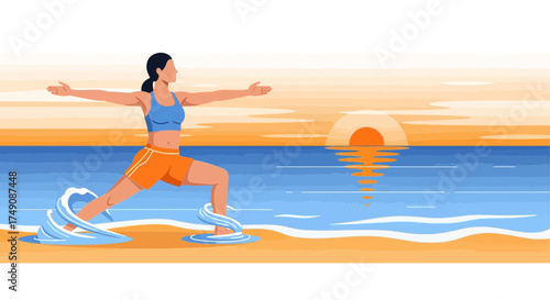 Illustration of a woman practicing yoga on a serene beach at sunset for well being