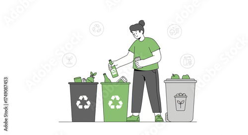 Illustration of a woman recycling waste by putting a bottle in the recycling bin promoting