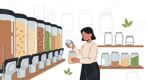 Illustration of a woman refilling a jar at a zero waste store bulk dispenser station