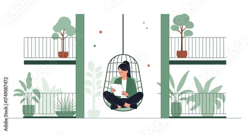 Illustration of a woman relaxing in a hanging chair with a tablet on a building balcony full of