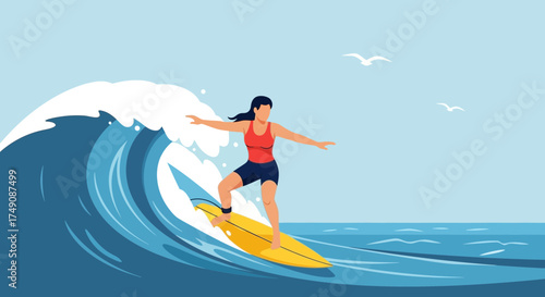 Illustration of a woman surfing a wave in the ocean on a bright sunny day enjoying recreation at sea