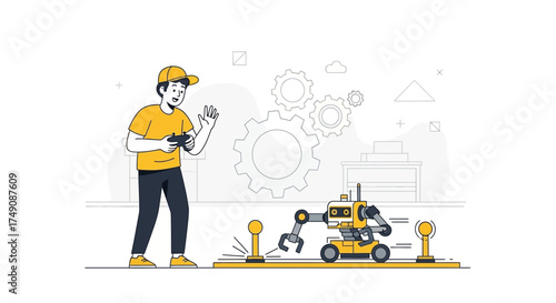 Illustration of a young engineer remotely controlling a robot in a laboratory setting showcasing