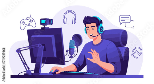 Illustration of a young man streamer playing video games with professional equipment