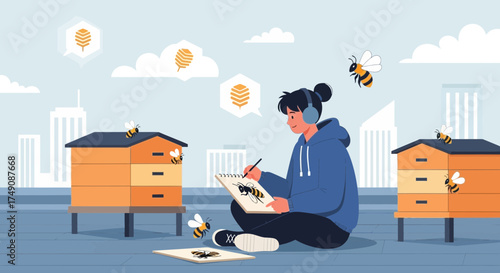 Illustration of a young woman drawing bees and beehives on a rooftop in the city, artistic passion
