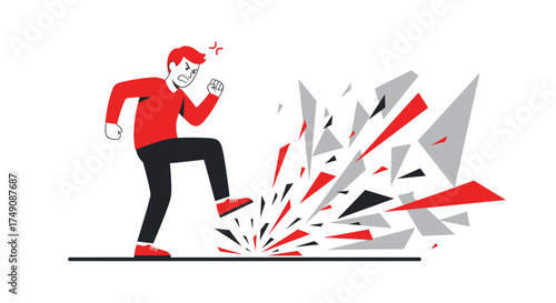 Illustration of an angry man breaking something with his foot concept of frustration