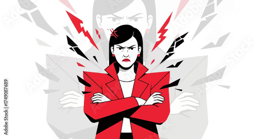 Illustration of an angry woman in red with arms crossed radiating intense frustration