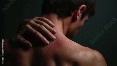 Red irritated skin on neck and shoulder with hand touching painful area showing discomfort inflammation and pain close up view of skin irritation and shoulder pain healthcare concept