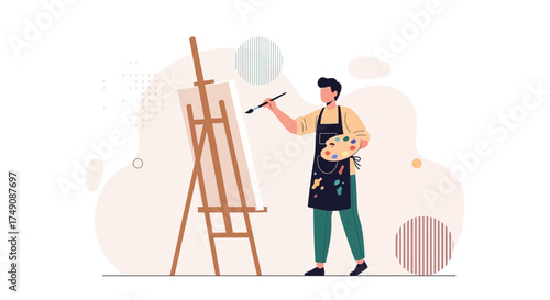 Illustration of an artist painting on a canvas, creative hobby and artistic expression, modern art