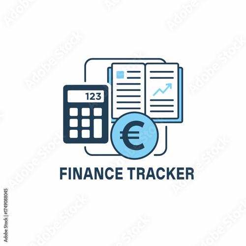 Vector illustration of financial management and budgeting tools, featuring a calculator, an open ledger, and the Euro currency symbol, ideal for tracking expenses and income