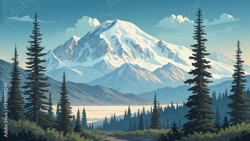 Flat minimal cartoon of Denali mountain with snowy peaks, pine trees, and blue sky.