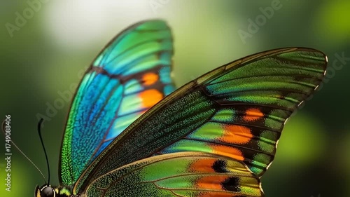 Vibrant butterfly showcasing iridescent wings perched on a leaf in a lush green environment
