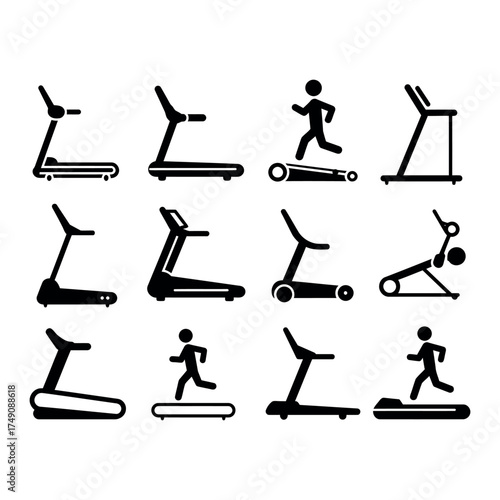 Collection of treadmill icons in flat style for fitness and gym design projects