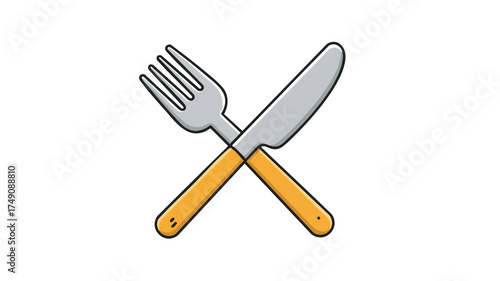 Crossed fork and knife with yellow handles on a white background.