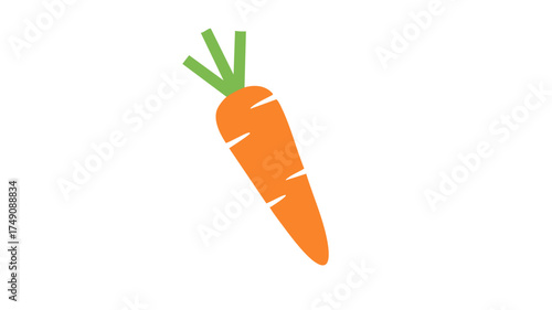 Simple cartoon illustration of a single orange carrot with green leaves on a white background, depicted at an angle.