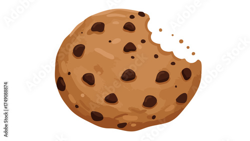 A chocolate chip cookie with a bite taken out of it, illustration.