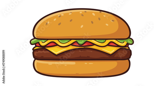 A vibrant cartoon illustration of a classic hamburger with sesame seed bun, cheese, lettuce, and tomato.