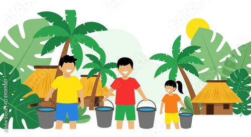 Illustration of children carrying water buckets in a tropical village setting with traditional huts