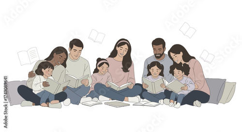 Illustration of diverse families enjoying reading books together in a cozy setting indoor