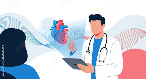 Illustration of doctor explaining heart condition to patient using digital tablet and hologram