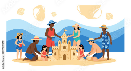Illustration of family building sandcastle on beach holiday with waves and seashells