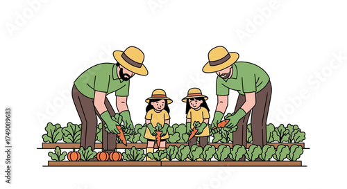 Illustration of family harvesting carrots in a garden with a white background perfect to use in a