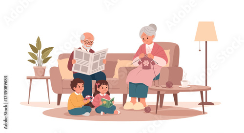 Illustration of grandparents spending quality time with grandchildren in living room