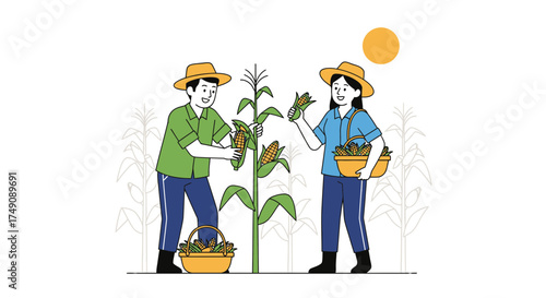 Illustration of farmers harvesting corn in a field, highlighting sustainable agriculture and local
