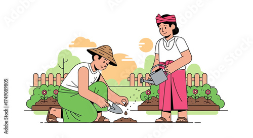 Illustration of two Asian farmers working together in the garden with plants and flowers