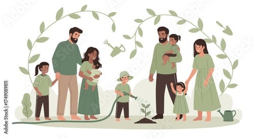 Illustration of two families gardening together outdoors with a nurturing environment full of plants