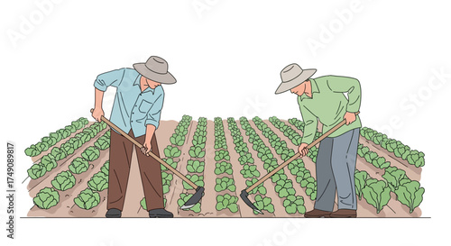 Illustration of two farmers working in a field of crops with traditional tools