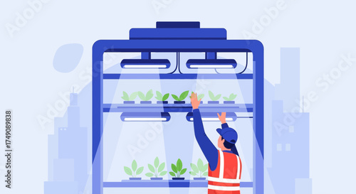 Illustration of Vertical Farming: Worker tending to plants in an indoor farm with city skyline in