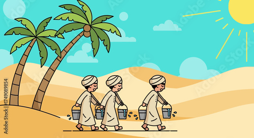 Illustration of water conservation in the desert with palm trees and a bright sun scene