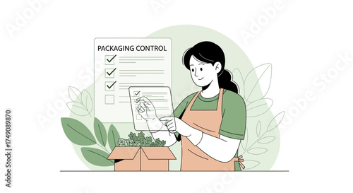 Illustration of woman checking produce quality with packaging control checklist vector