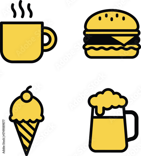 Four yellow icons representing food and drink