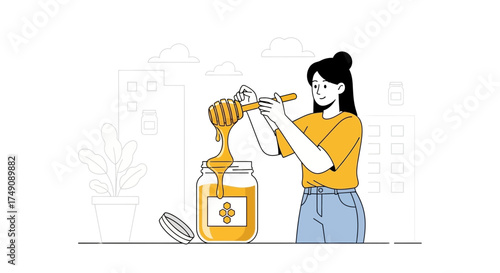 Illustration of woman pouring honey into a jar showcasing healthy eating habits and lifestyle choice