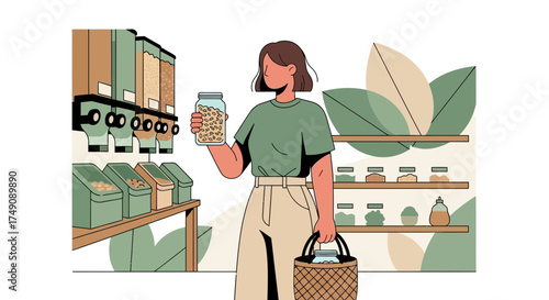 Illustration of woman shopping zero waste at a refill store promoting sustainable living and