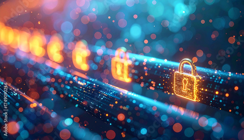 Digital Fortress: A captivating display of digital padlocks intertwined with luminous circuits. a visual metaphor of cybersecurity, protecting digital assets and personal data