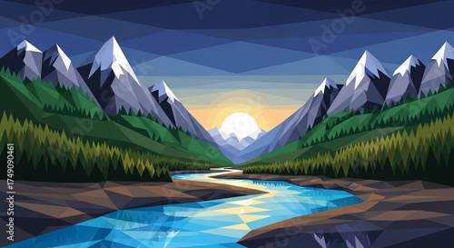 Stylized Mountain Lake Landscape Illustration