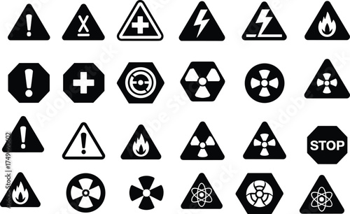 Hazard icon vector set, safety warning symbols, radiation and biohazard signs, industrial danger graphics, black and white design elements