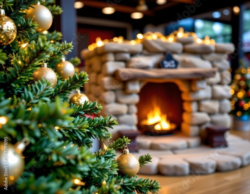 Festive Evergreen Branches with Gold Ornaments and Stone Structure