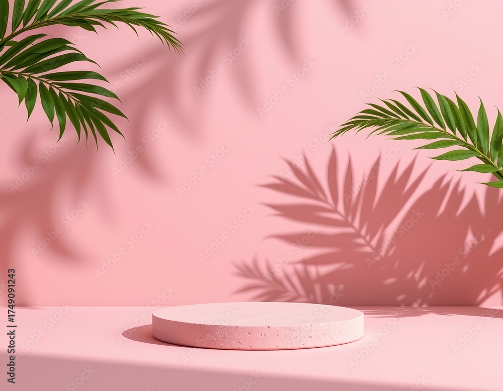 Obraz premium Serene Pink Platform with Leaf Shadows and Soft Lighting