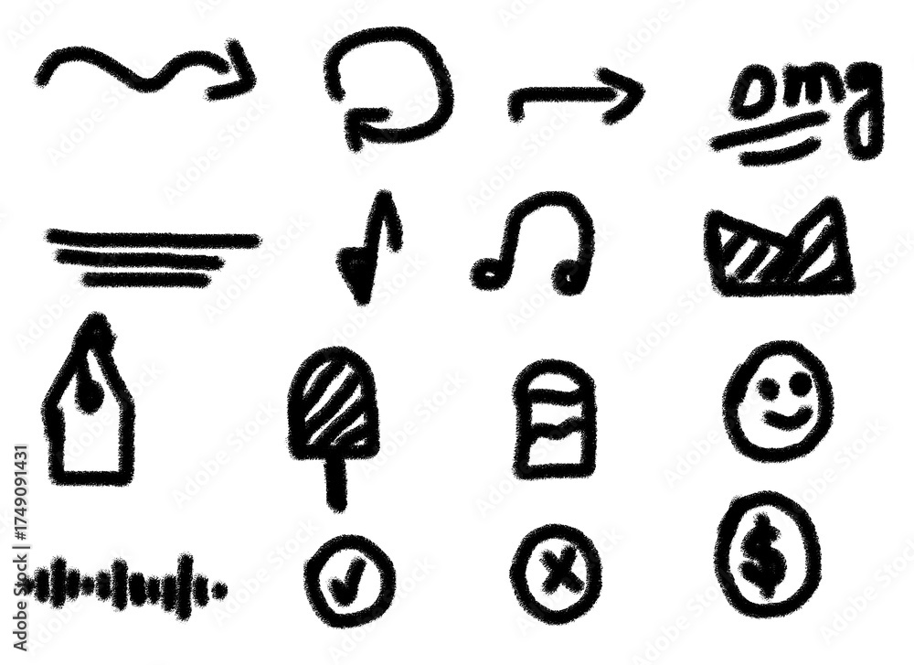 Fototapeta premium Grunge Elements Doodles on Transparent Background, Abstract Hand-Drawn Sketch Design Set