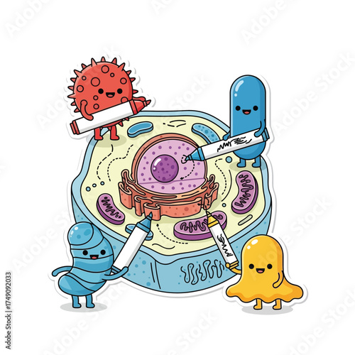 Cartoon microbes collaboratively drawing and labeling a detailed illustration of a cell's internal structure.
