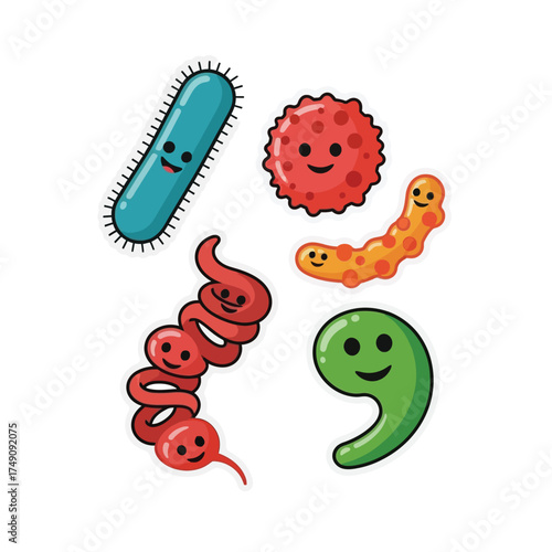 Colorful cartoon illustrations of various smiling microorganisms against a white background.