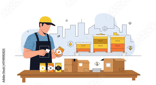 Illustrative beekeeper preparing honey for sale with hives and city background depicts production