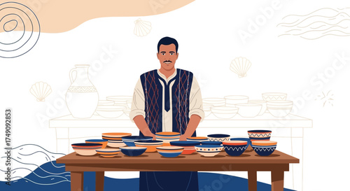 Illustrative depiction of a craftsman displaying handmade pottery bowls and vases with traditional